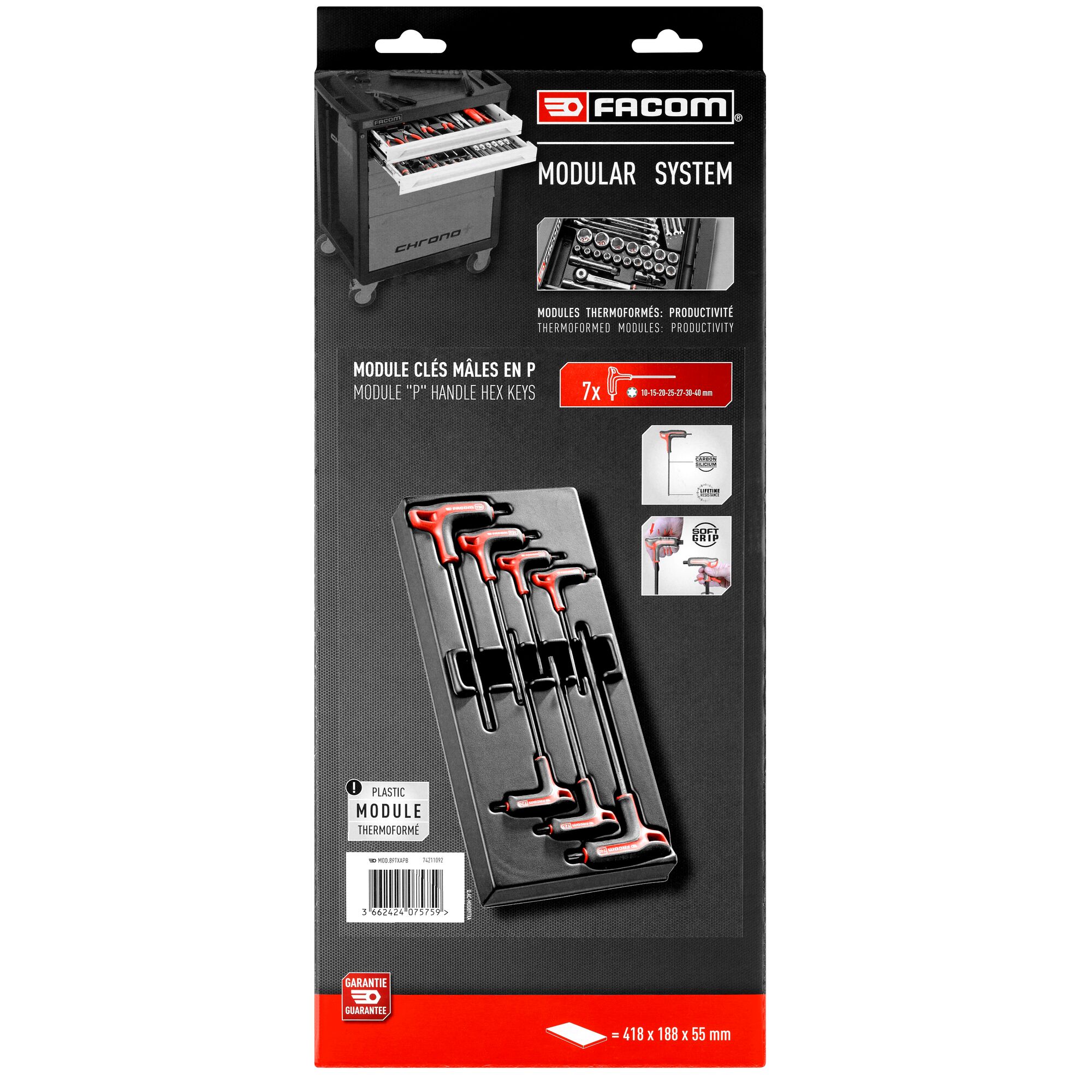 Facom 7-Piece Torx Key Set, T10 - T15 - T20 - T25 - T27 - T30 - T40 Size, P Shape, Long, Short Arm