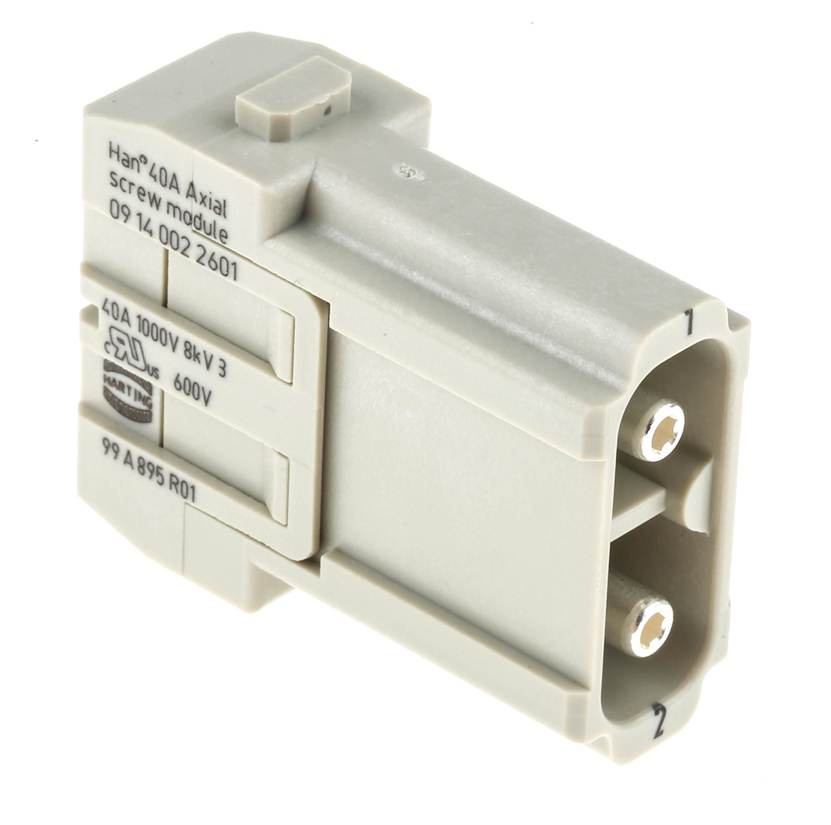 Han-Modular Series Male Module, 2 Way, 1 Row, Rated At 40A, 1 kV, Han 40A Axial