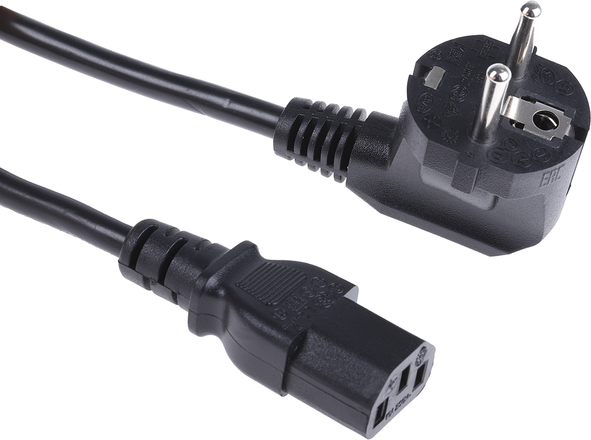 RS PRO Straight IEC C13 Socket to Right Angle Type F German Plug Power Cord, 2.5m
