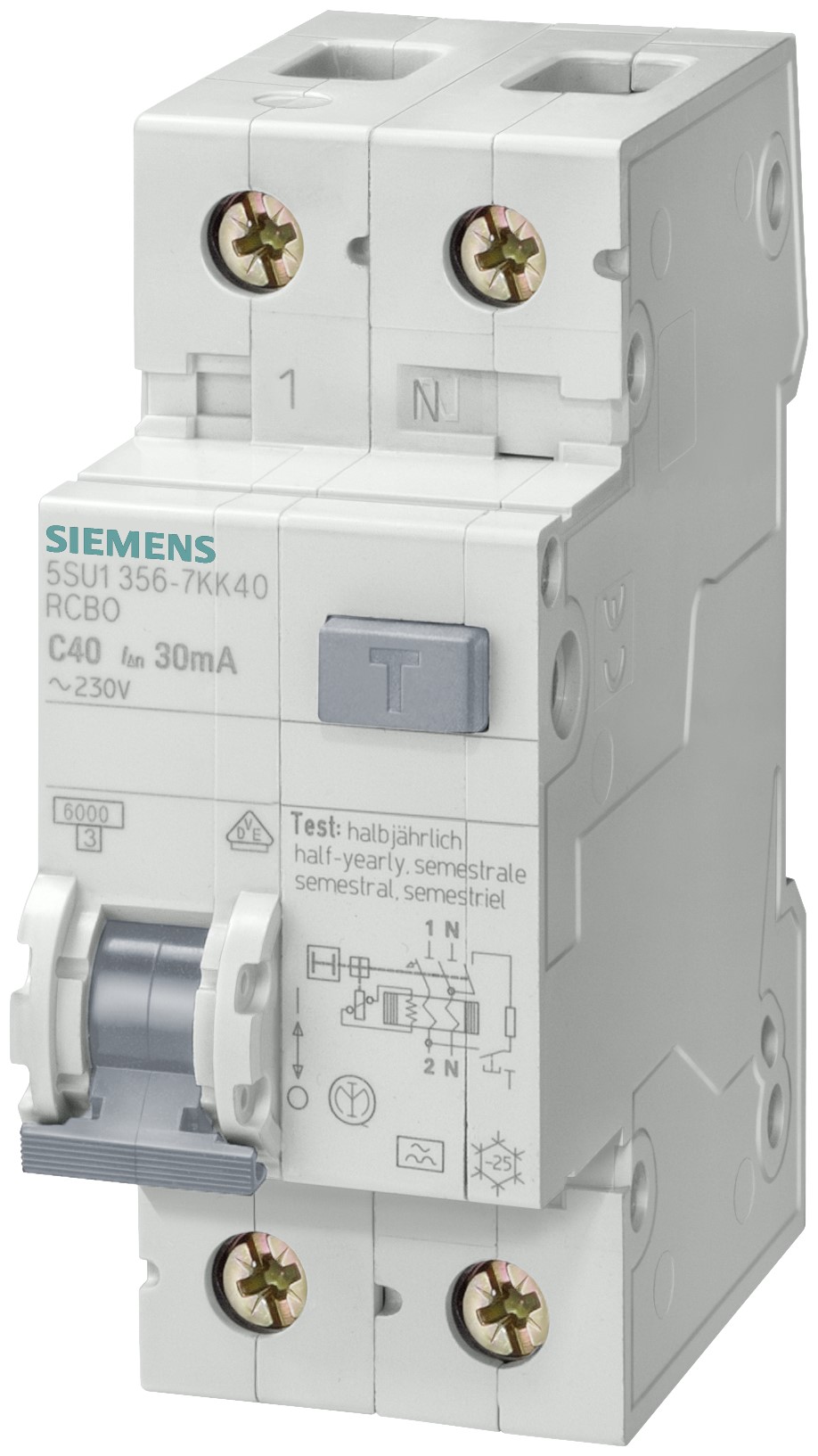 Siemens RCBO, 6A Current Rating, 1P+N Poles, 30mA Trip Sensitivity, Sentron Range
