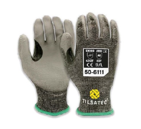 Tilsatec Black, Grey HPPE, Polyamide, Polyethylene Terephthalate, Spandex, Steel Glove, Size 9, Polyurethane Coating
