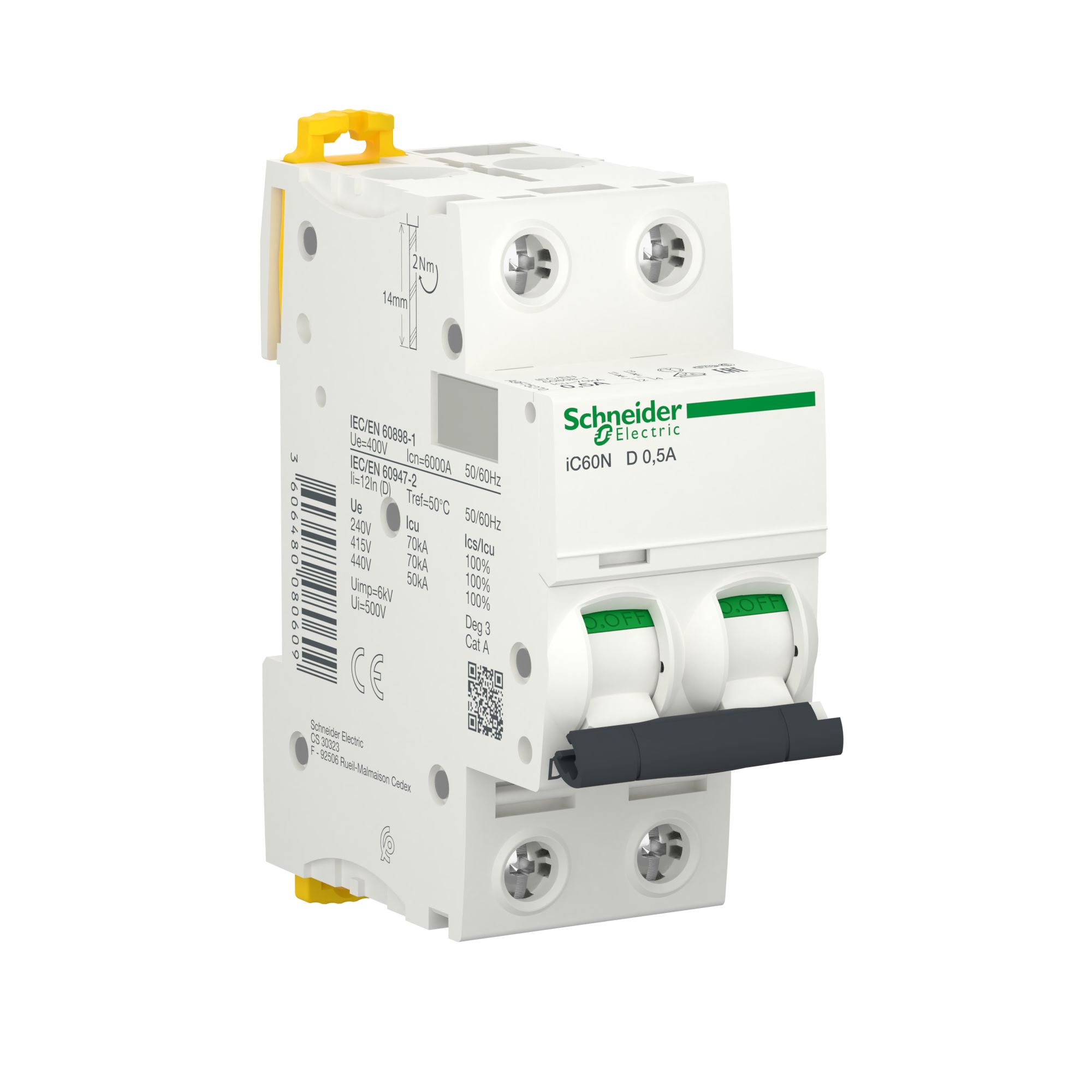 Schneider Electric Acti9 Acti9 iC60 MCB, 2P, 500mA Curve D, 400V AC, 125V DC, 6000 A Breaking Capacity