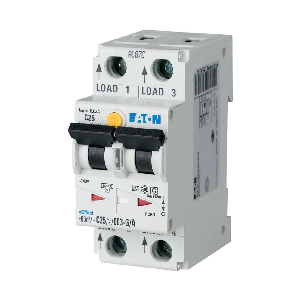 Eaton RCBO, 10A Current Rating, 2P Poles, 30mA Trip Sensitivity, Type A, Type D, FRBdM Range