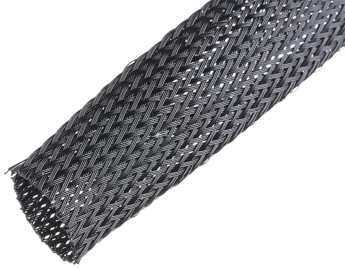 SES Sterling Expandable Braided PET Black Cable Sleeve, 19mm Diameter, 25m Length