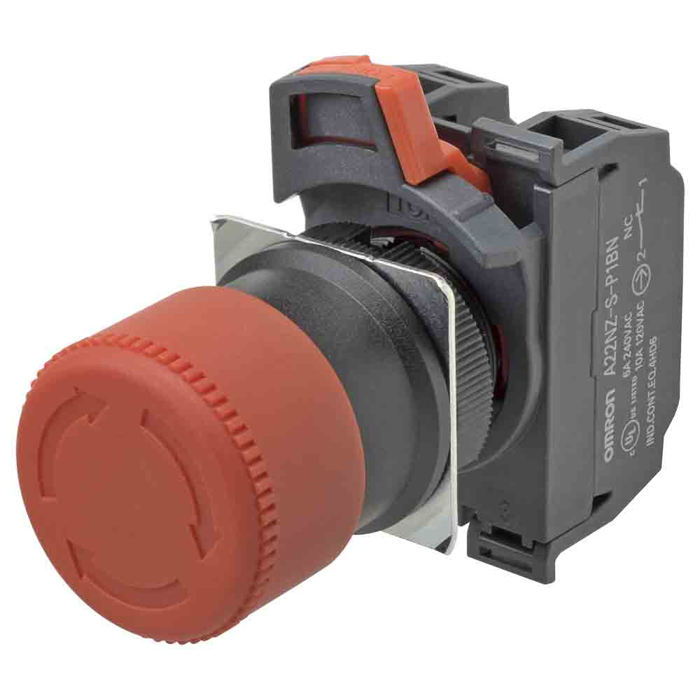 Omron Twist Release Emergency Stop Push Button, Panel Mount, 22mm Cutout, 1NO + 2NC