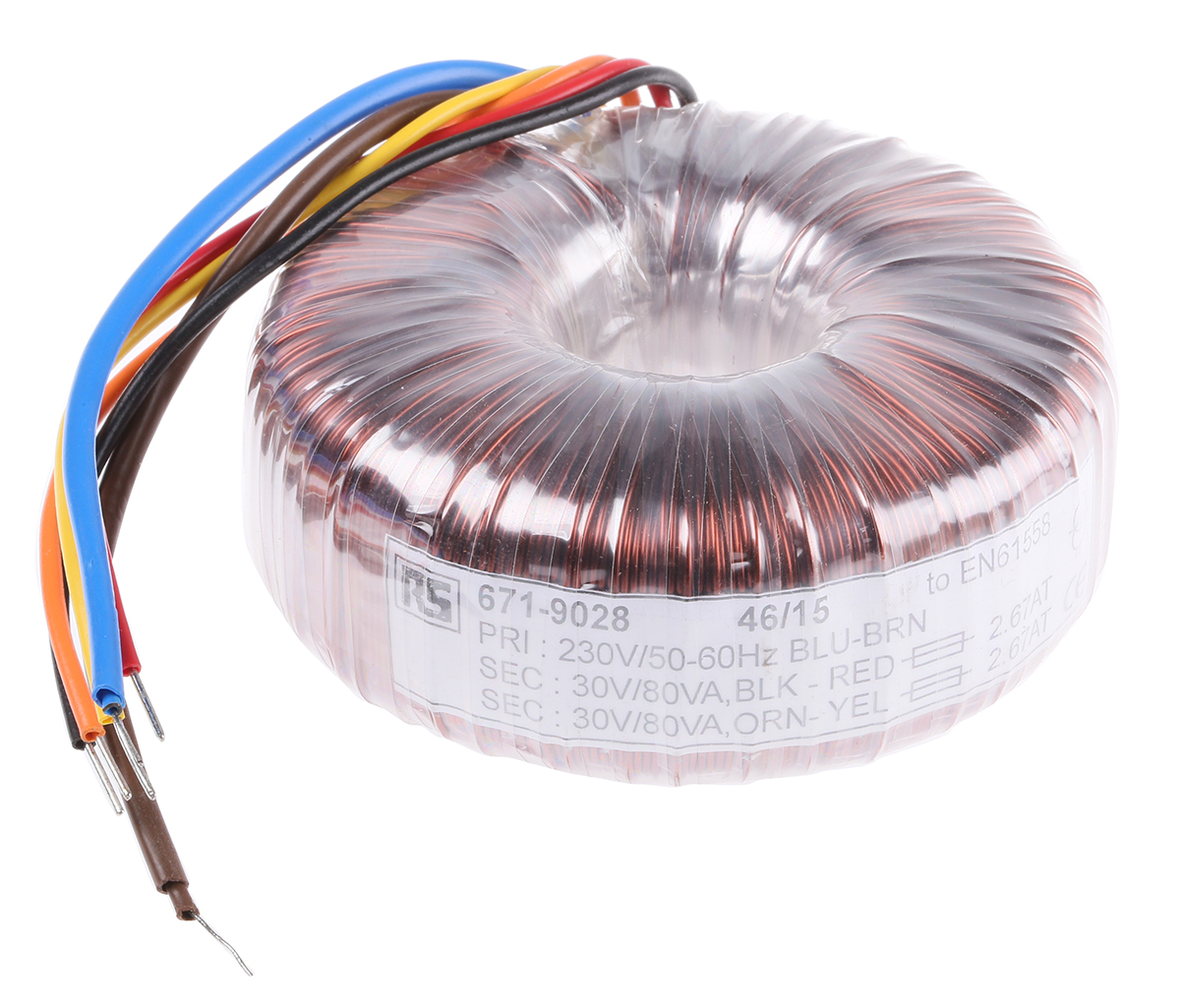 RS PRO 230V ac, 2 x 30V ac Toroidal Transformer, 160VA 2 Output