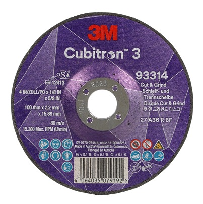 3M 93314 Ceramic Cutting Disc, 100mm x 3.2mm Thick, 36+ Grade, 10 in pack