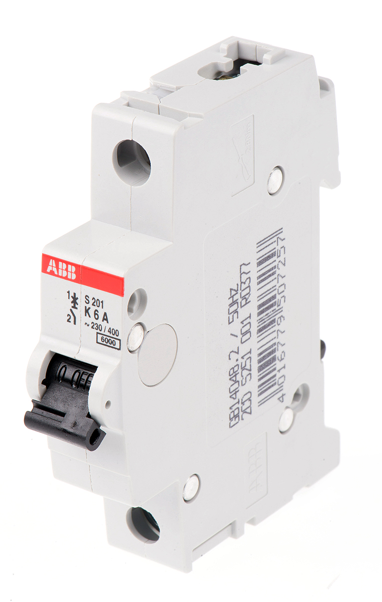 ABB System Pro M Compact S200 MCB, 1P, 6A Curve K, 253V AC, 72V DC, 6 kA Breaking Capacity