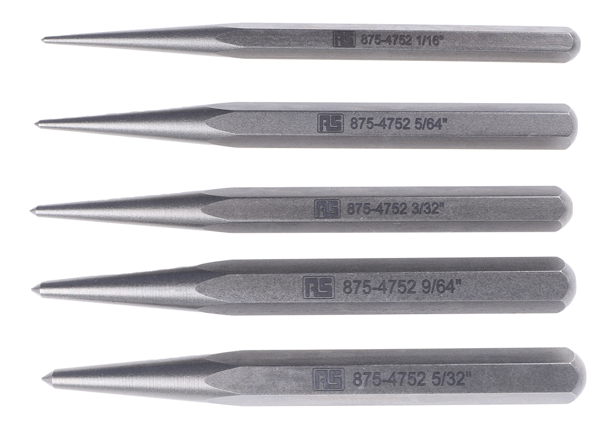 RS PRO 5-Piece Punch Set, Centre Punch, 1/16 → 5/32 in Shank