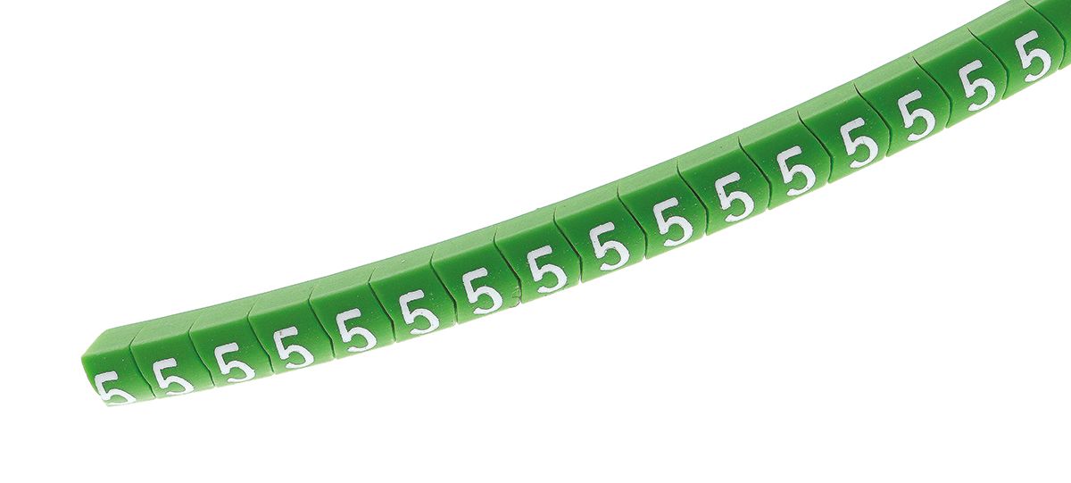 HellermannTyton Helagrip Slide On Cable Markers, White on Green, Pre-printed "5", 2 → 5mm Cable, 515-03950
