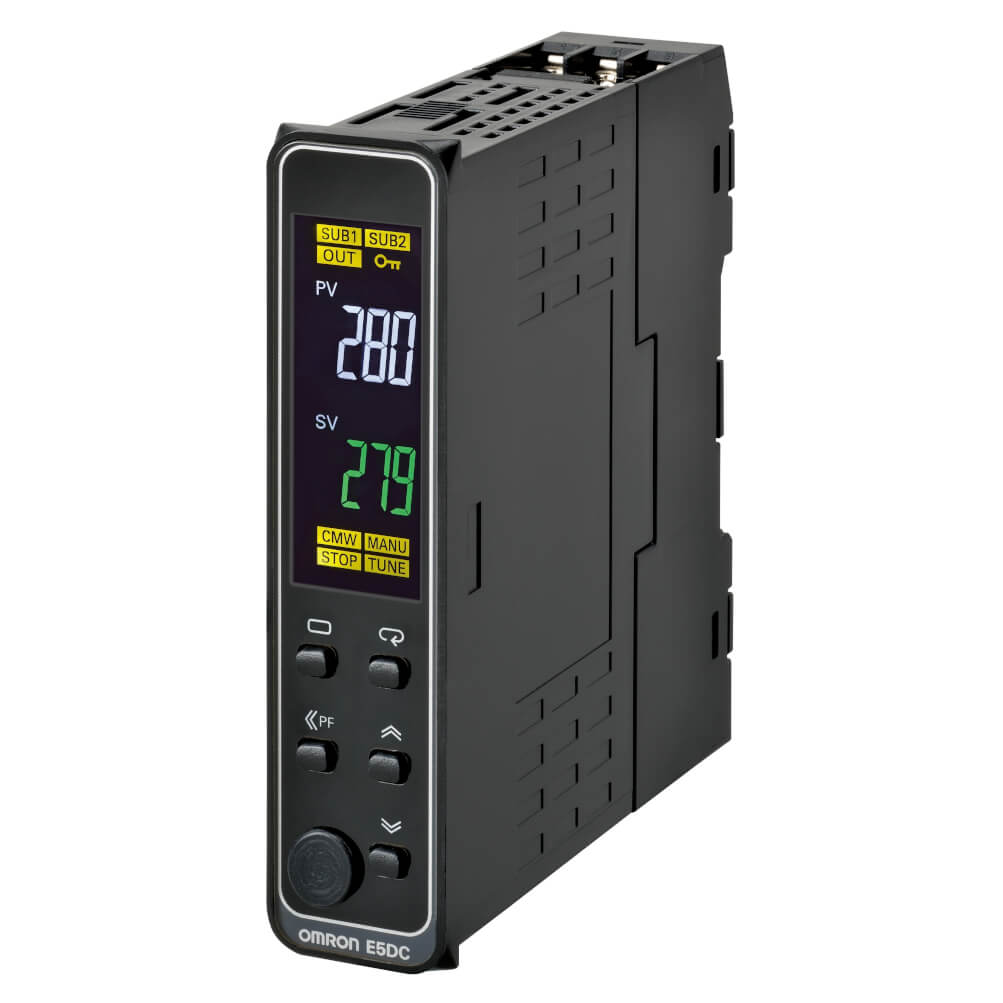 Omron E5DC DIN Rail, Panel Mount PID Temperature Controller, 48 x 48mm, 2 Output SSR, Solid State Relay, Logic, 100 →