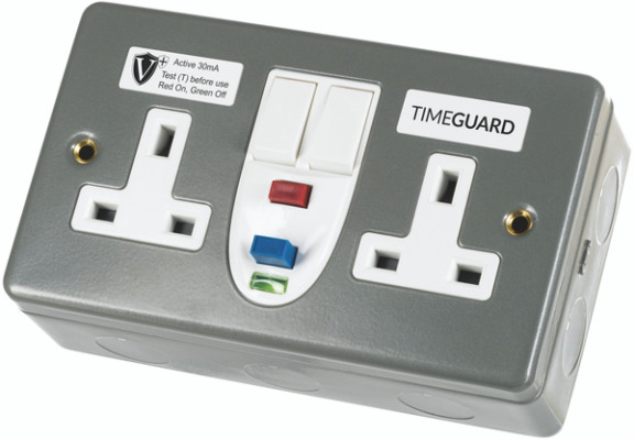 Timeguard 13A, BS 7288 Fixing, Active, 2 Gang RCD Socket, Steel, Surface Mount , Switched No, 230 V ac, Grey, Screwed