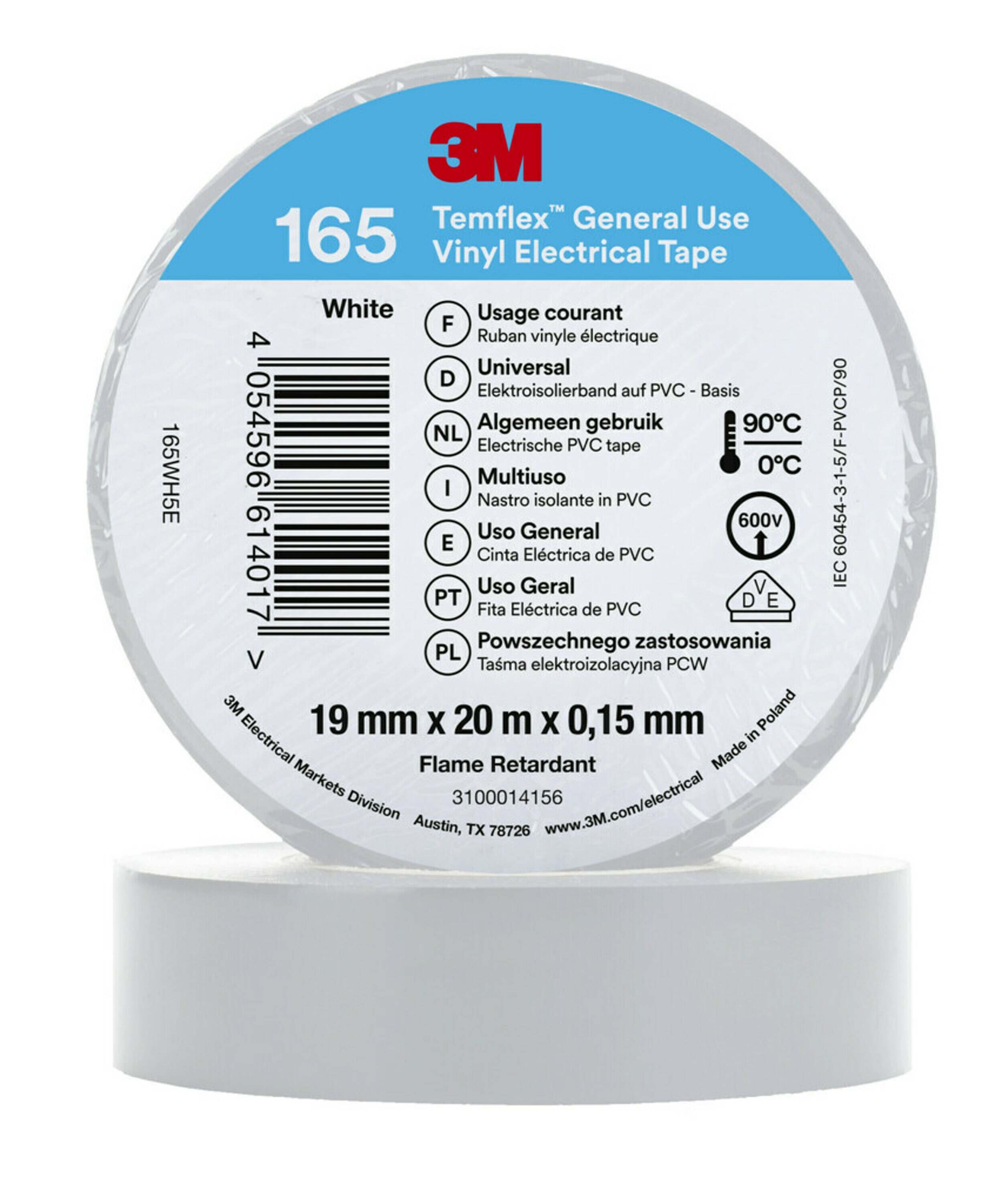 3M Temflex 165 White Vinyl Electrical Tape, 19mm x 20m