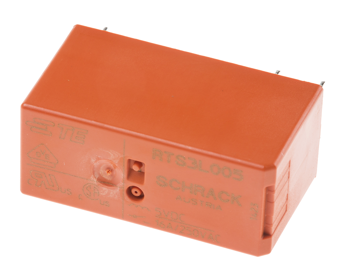 TE Connectivity PCB Mount Power Relay, 5V dc Coil, 16A Switching Current, SPST