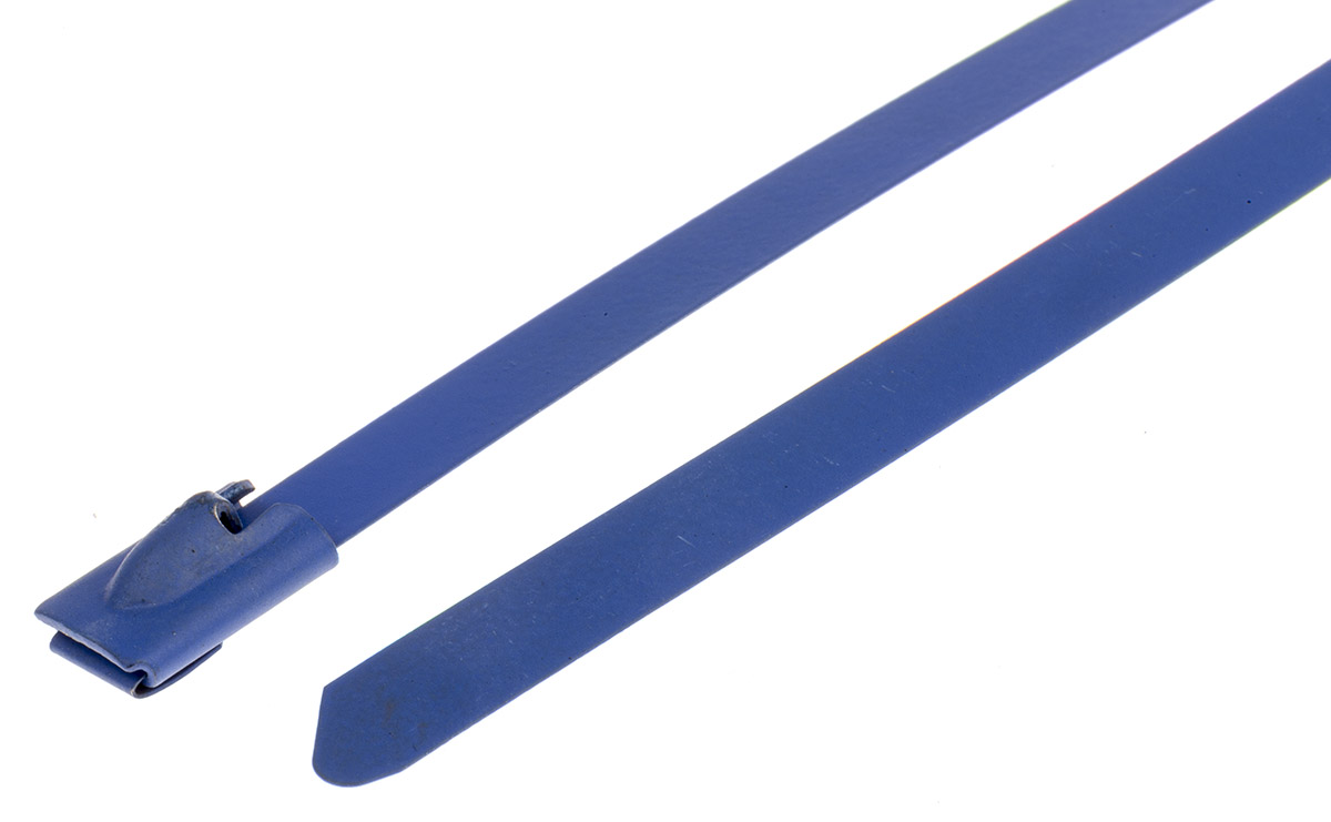 RS PRO Cable Tie, Roller Ball, 360mm x 7.9 mm, Blue Polyester Coated Stainless Steel, Pk-100