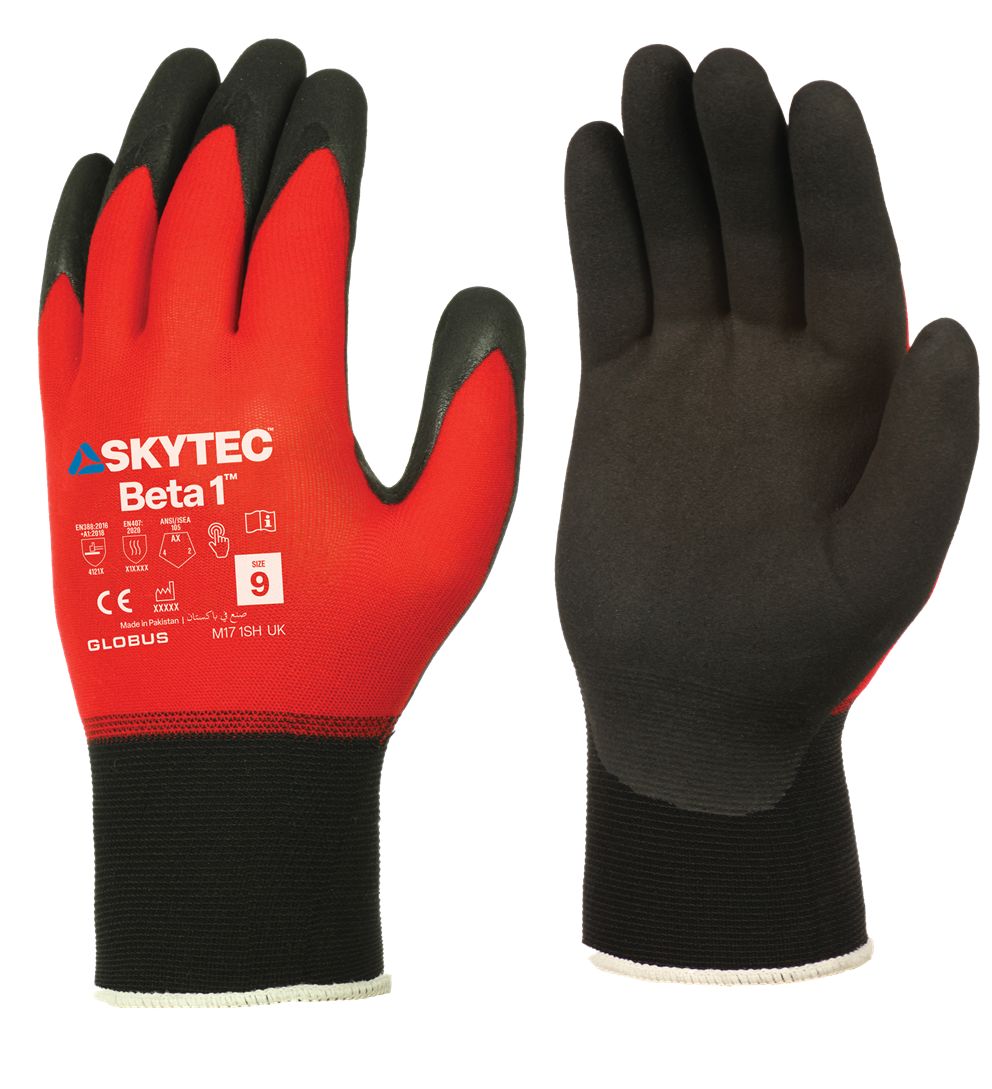 Skytec Beta 1 Black, Red Nylon, Spandex Glove, Nitrile Foam Coating