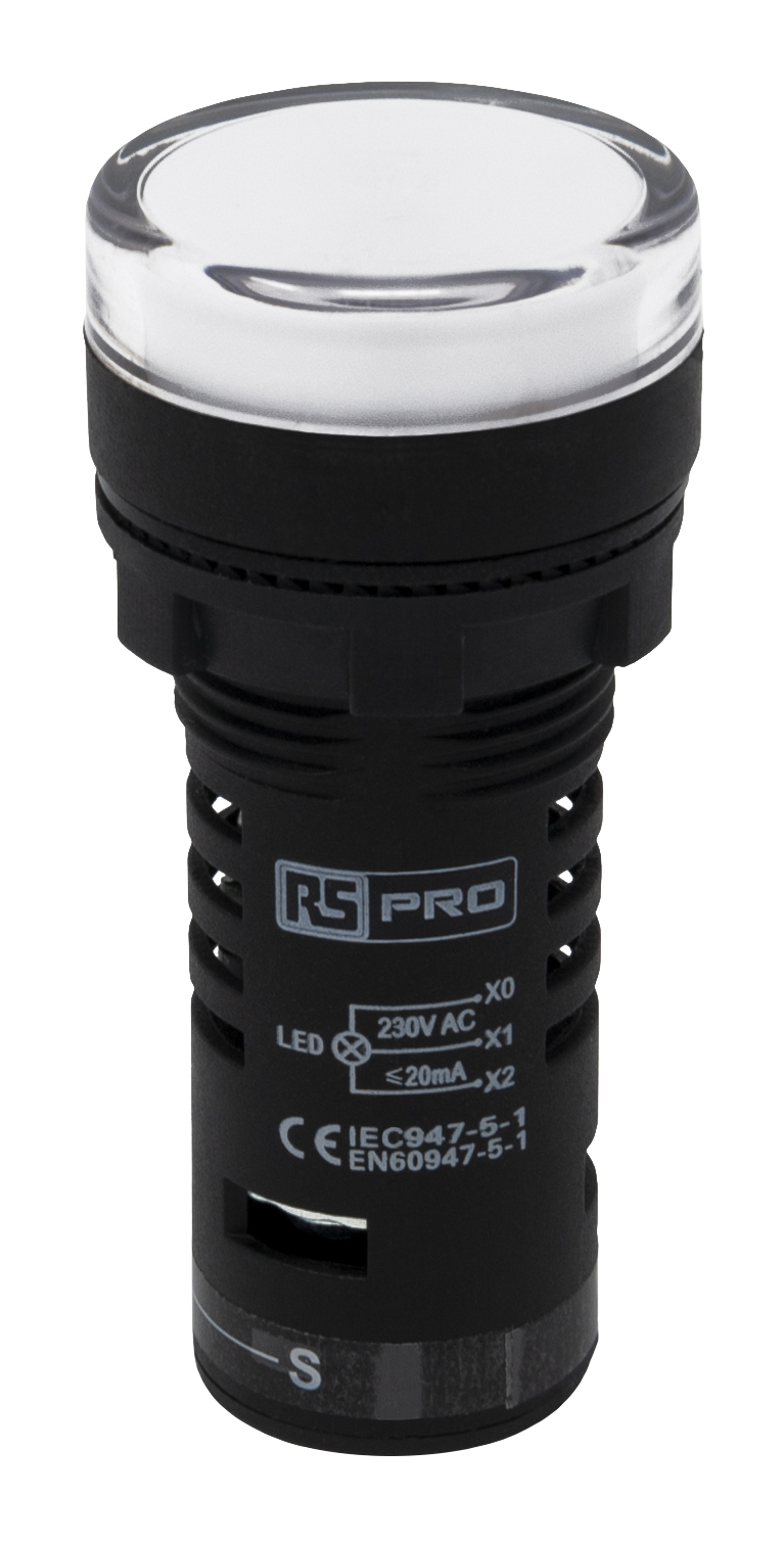 RS PRO, Panel Mount White LED Pilot Light, 22mm Cutout, IP65, Round, 230V ac