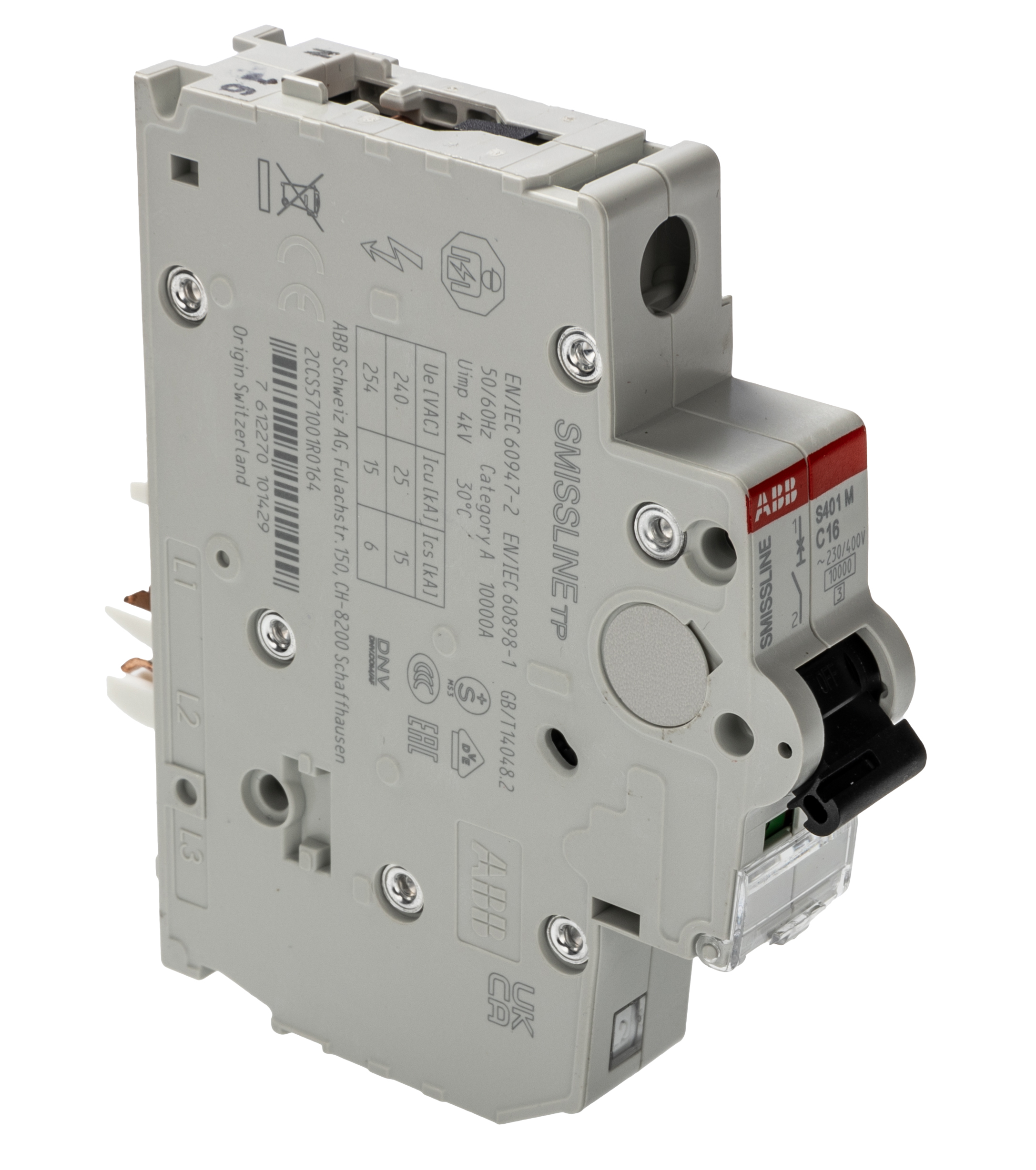 ABB SMISSLINE TP S400M MCB, 1P, 16A Curve C, 240V AC, 25 kA Breaking Capacity