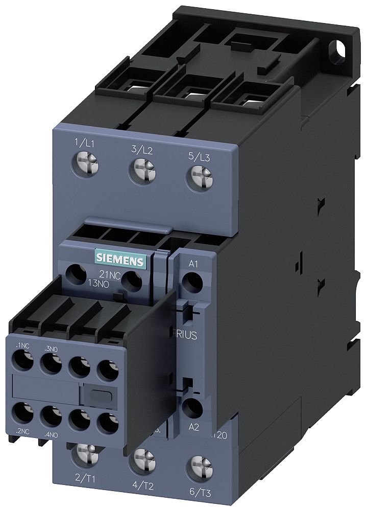 Siemens SIRIUS 3RT2 Contactor, 24 V Coil, 3-Pole, 50 A, 22 kW, 2 NO + 2 NC, 690 V