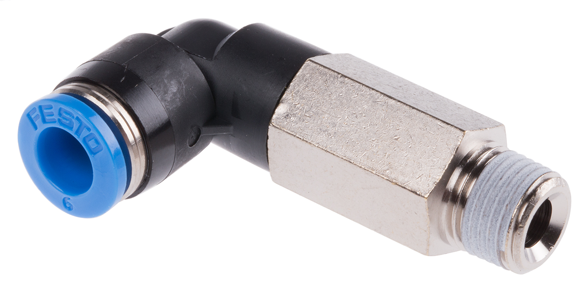 Festo QS Series Elbow Threaded Adaptor, R 1/8 Male to Push In 6 mm, Threaded-to-Tube Connection Style, 153077