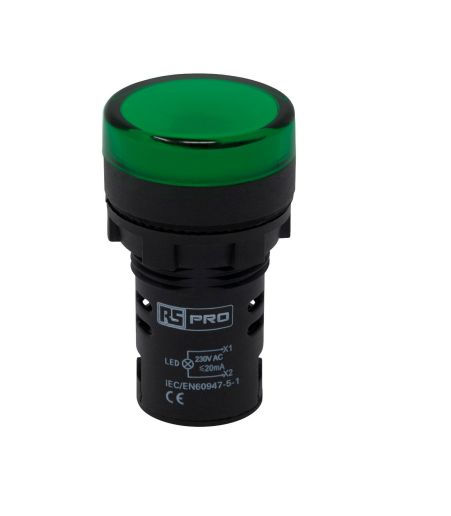 RS PRO, Panel Mount Green LED Pilot Light, 22mm Cutout, IP65, Round, 230V ac