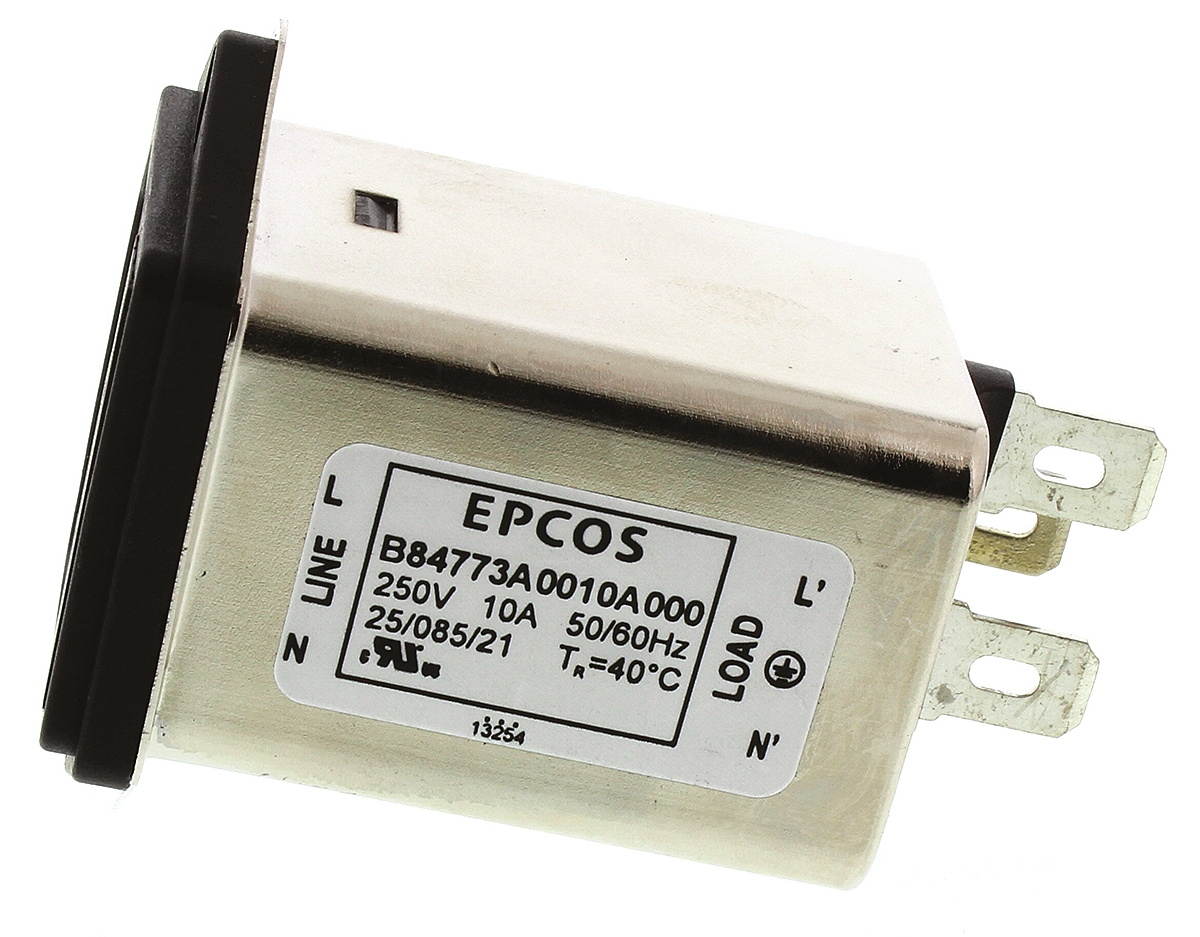 EPCOS 10A, 250 V ac/dc Panel Mount IEC Inlet Filter B84773A0010A000, Tab