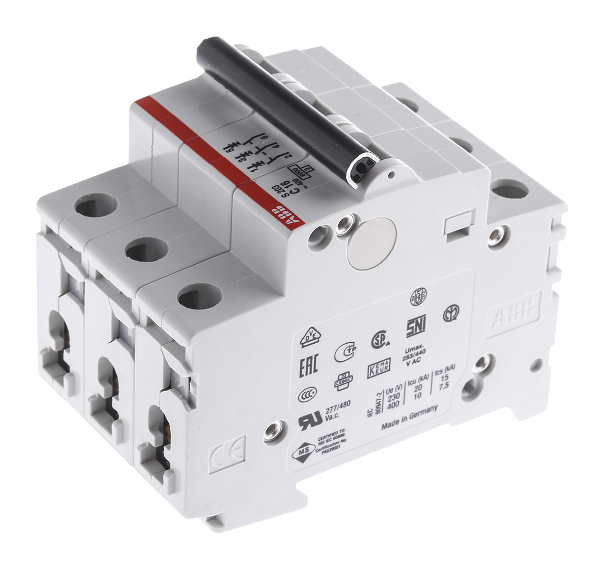 ABB System Pro M Compact S200 MCB, 3P, 16A Curve C, 400V AC, 6 kA Breaking Capacity