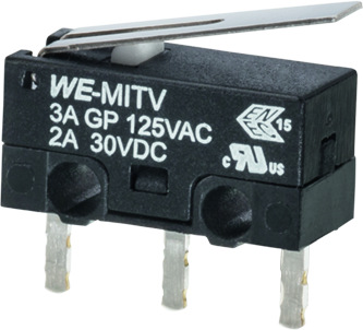 Wurth Elektronik Lever Micro Switch, Through Hole Terminal, 3 A, SP-CO