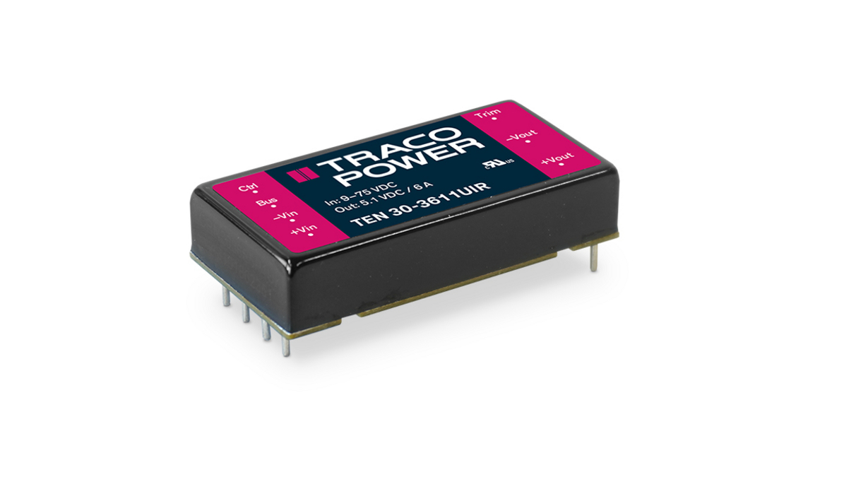 TRACOPOWER TEN 30UIR DC-DC Converter, 5.1V dc/ 6A Output, 14 → 160 V dc Input, 30W, PCB Mount, +90°C Max Temp