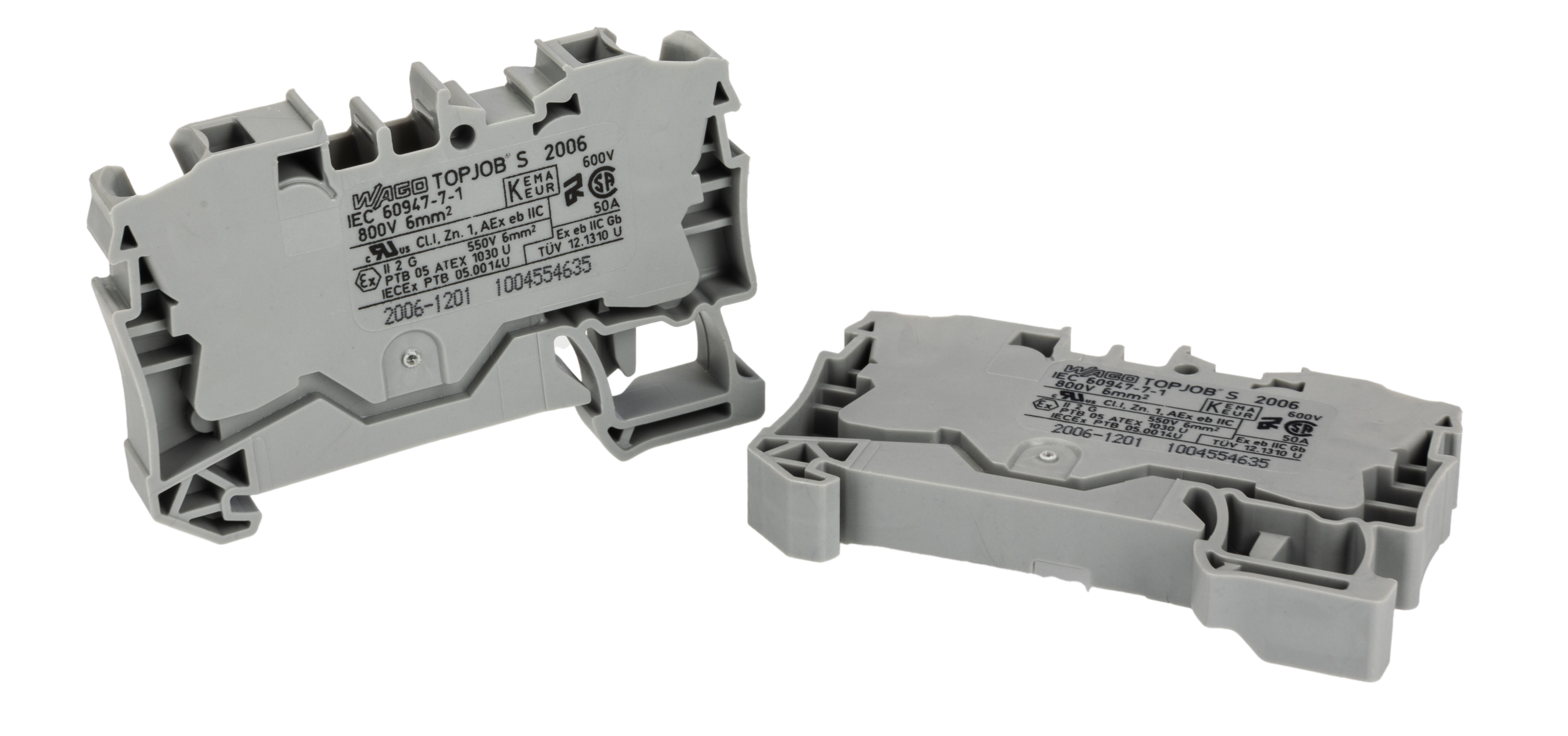 WAGO 2006-1201 TOPJOB S, 2006 Series Grey, 6mm², Single-Level, Push-In Cage Clamp Termination, ATEX, IECEx