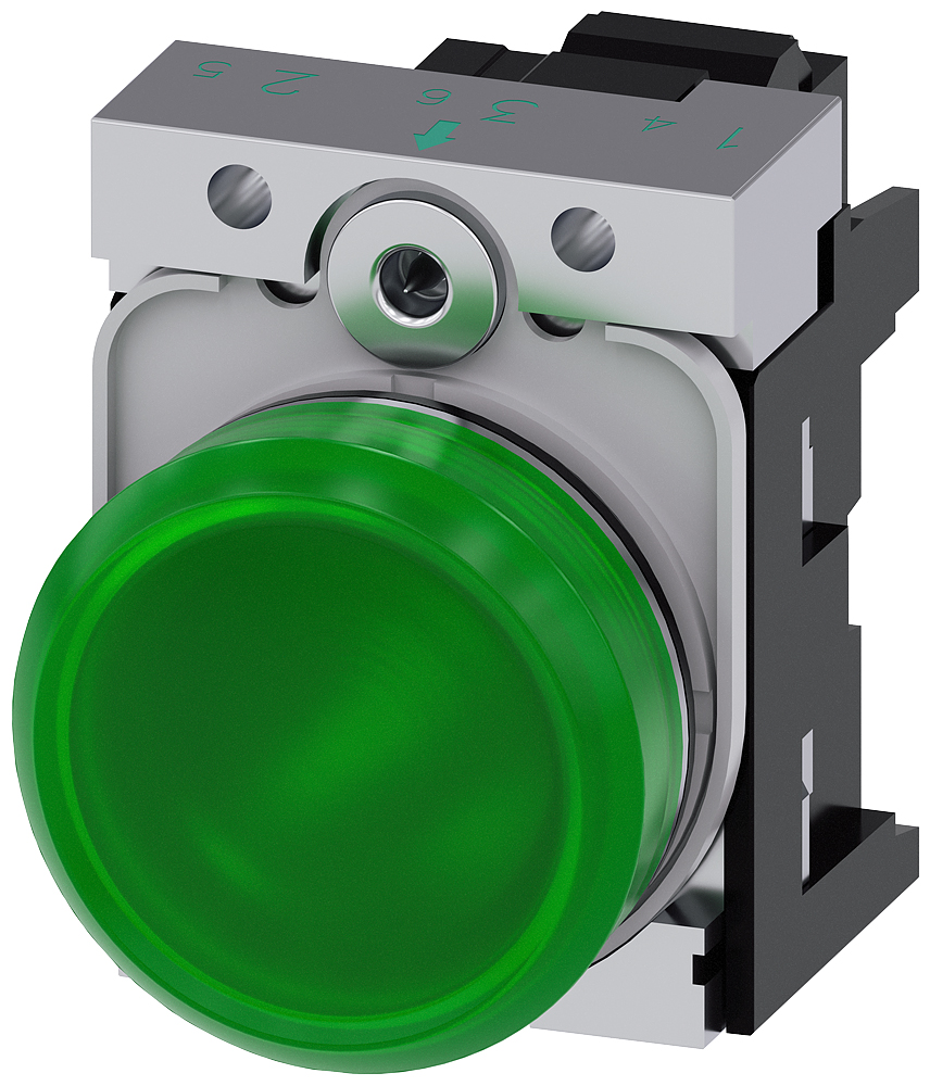 Siemens, SIRIUS ACT 3SU11, Panel Mount Green LED Indicator, 22mm Cutout, Round, 110V ac