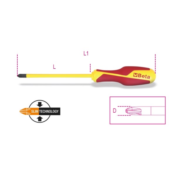 BETA Pozidriv, Supadriv  Screwdriver, PZ2 Tip, 100 mm Blade, VDE/1000V, 208 mm Overall
