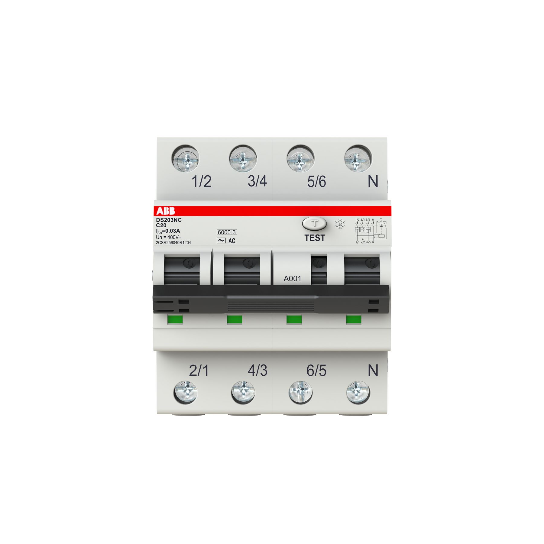 ABB RCBO, 20A Current Rating, 4P Poles, 30mA Trip Sensitivity, Type C