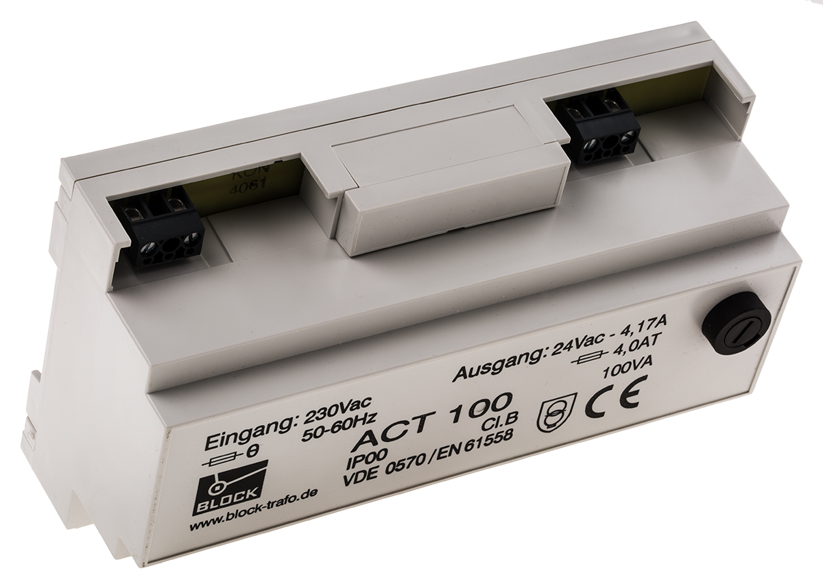 Block 100VA DIN Rail Transformer, 230V ac Primary, 24V ac Secondary
