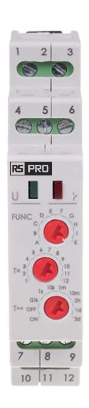 RS PRO DIN Rail Mount Timer Relay, 195 → 253V, 2-Contact, 0.1 s → 576h, 10-Function, 2NO/1NC