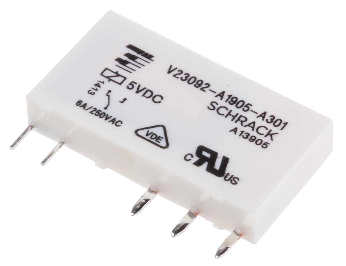 TE Connectivity PCB Mount Power Relay, 5V dc Coil, 6A Switching Current, SPDT