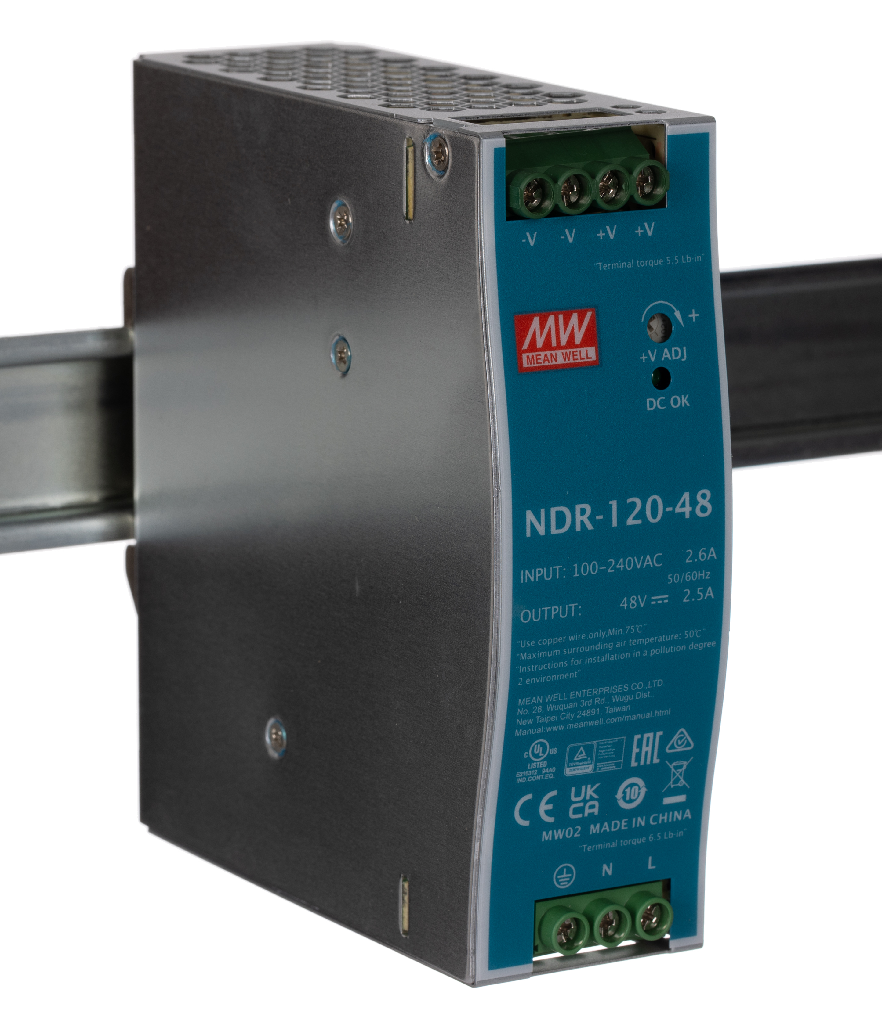 MEAN WELL NDR Switched Mode DIN Rail Power Supply, 90 → 264V ac ac Input, 48V dc dc Output, 2.5A Output, 120W