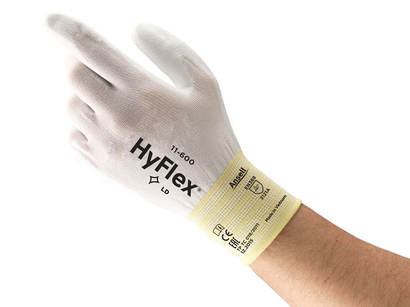 Ansell HyFlex 11-600 White Nylon Nylon Work Gloves, Size 7, Polyurethane Coating