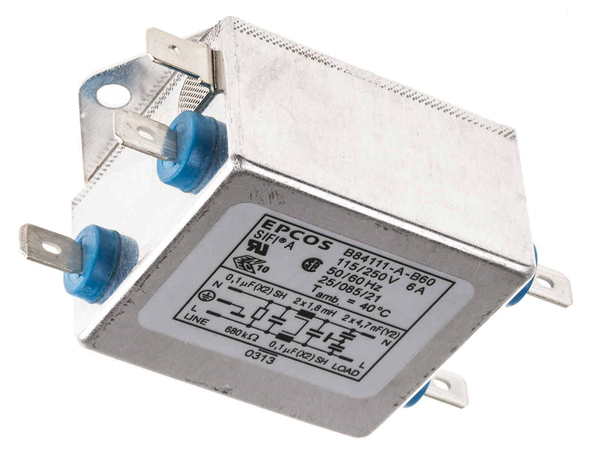 EPCOS B84111A Series 6A 250 V ac 60Hz Flange Mount RFI Filter, with Tab Terminals, Single Phase