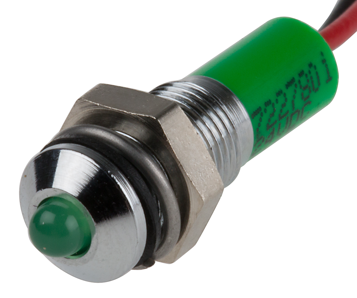 RS PRO Green Panel Mount Indicator, 24V dc, 6mm Mounting Hole Size, Lead Wires Termination, IP67