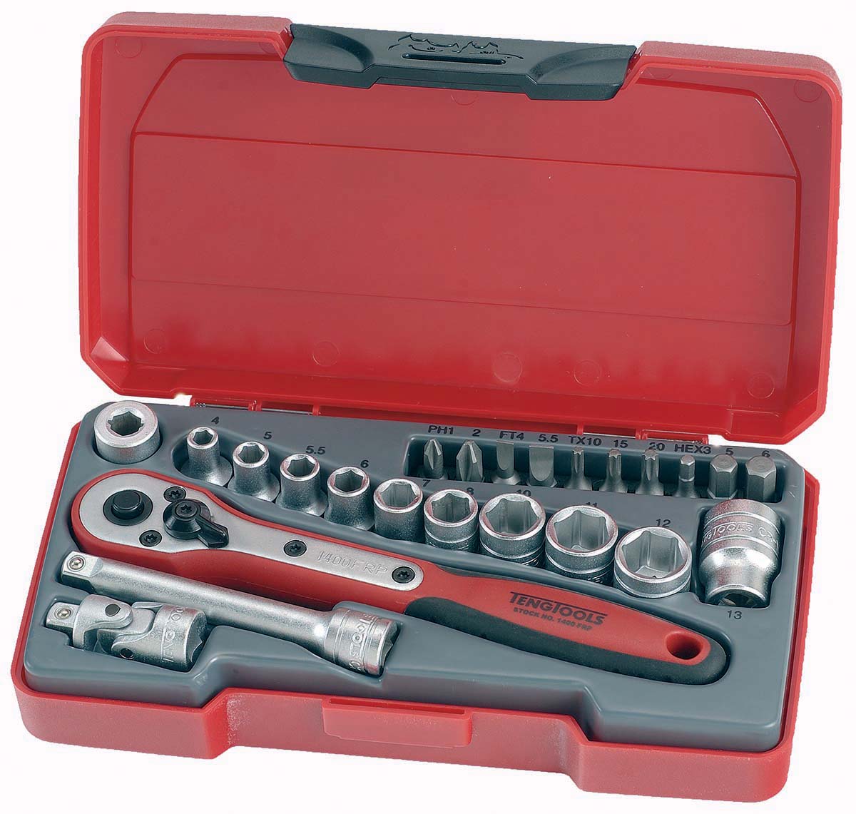 Teng Tools 24-Piece Metric 1/4 in Standard Socket/Bit Set with Ratchet, 6 point; Hex Bit; Phillips Bit; Slotted Bit;