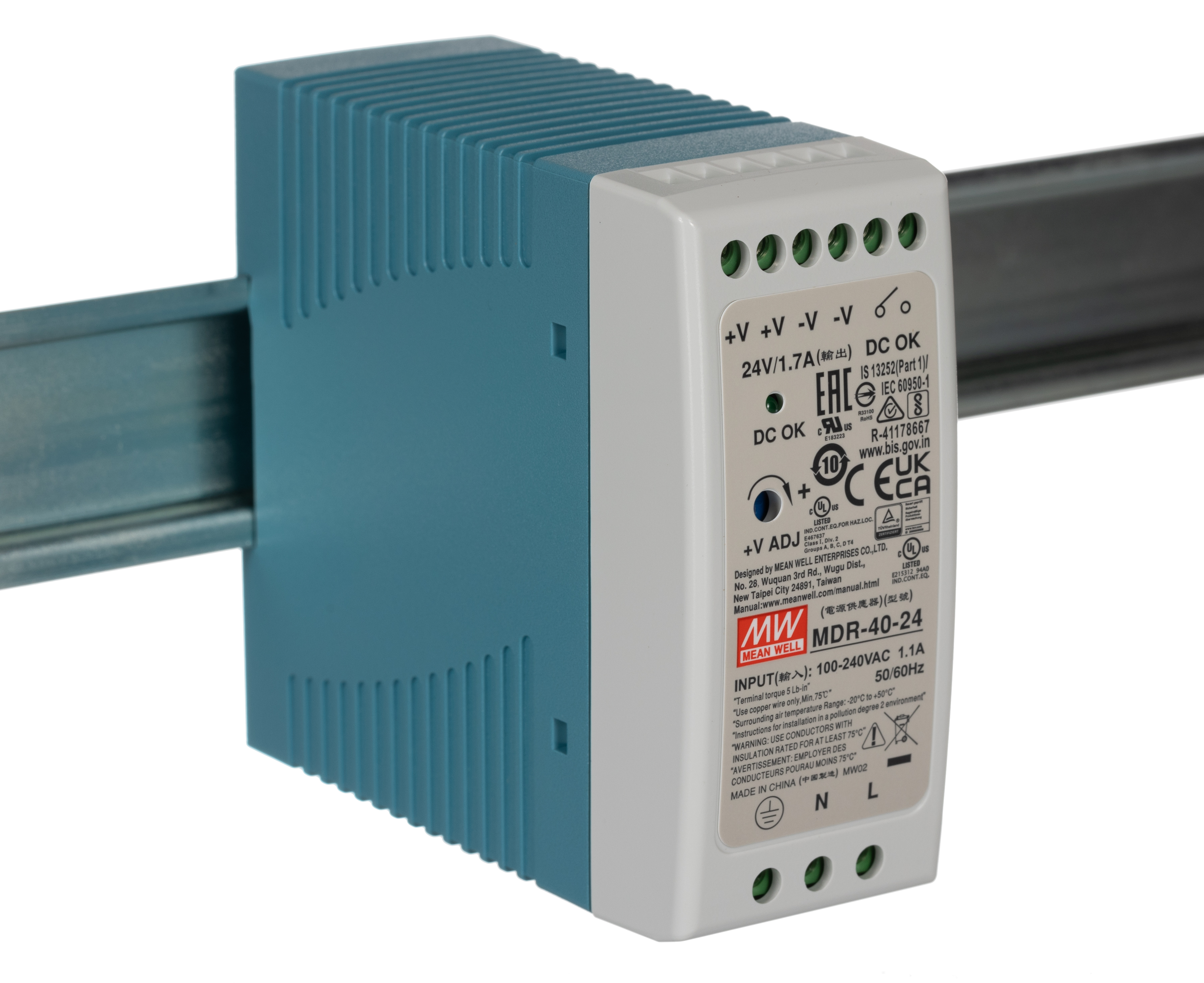 MEAN WELL MDR Switched Mode DIN Rail Power Supply, 85 → 264V ac ac Input, 24V dc dc Output, 1.7A Output, 40W