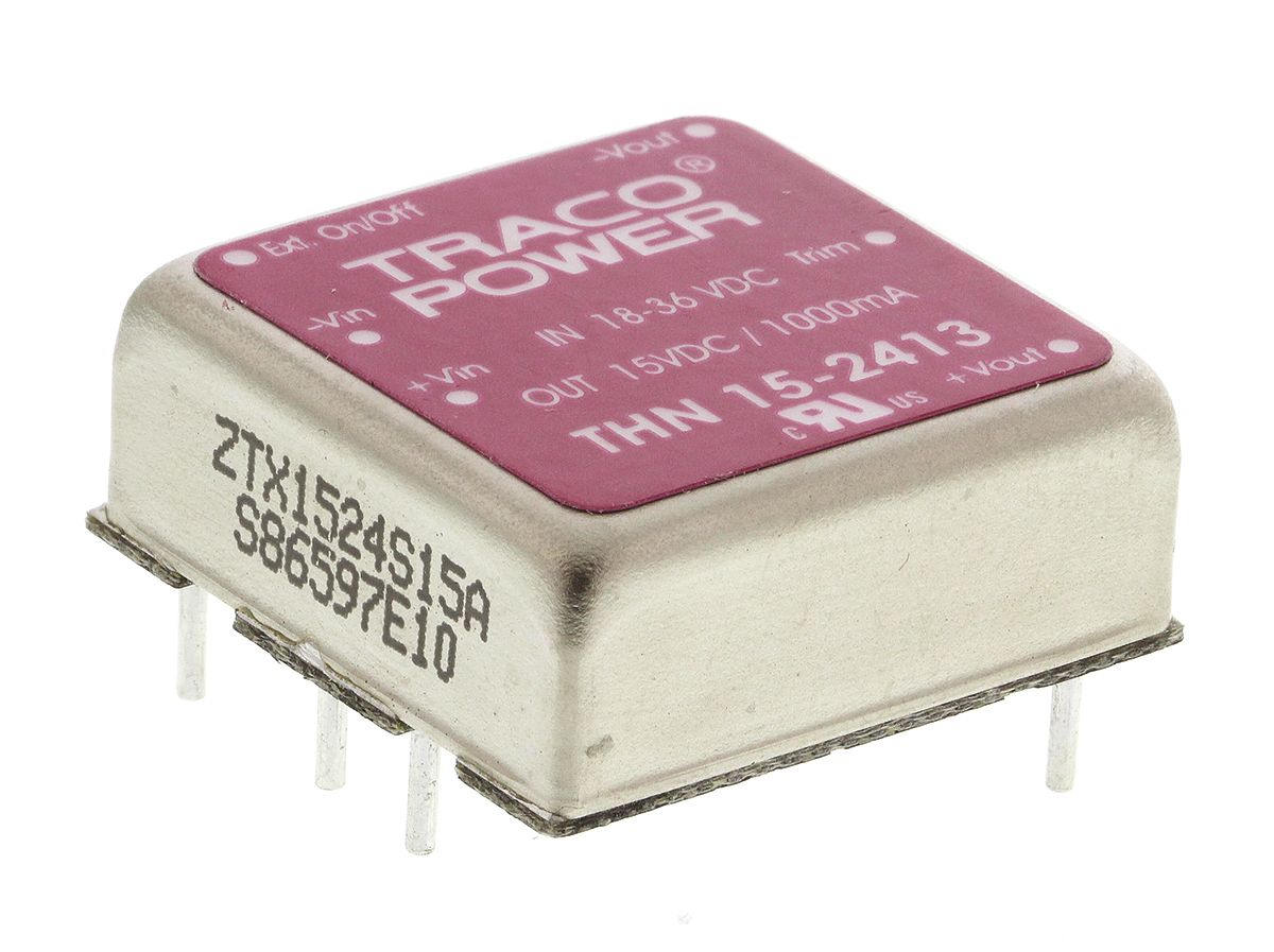 TRACOPOWER THN 15 DC-DC Converter, 15V dc/ 1A Output, 18 → 36 V dc Input, 15W, Through Hole, +85°C Max Temp