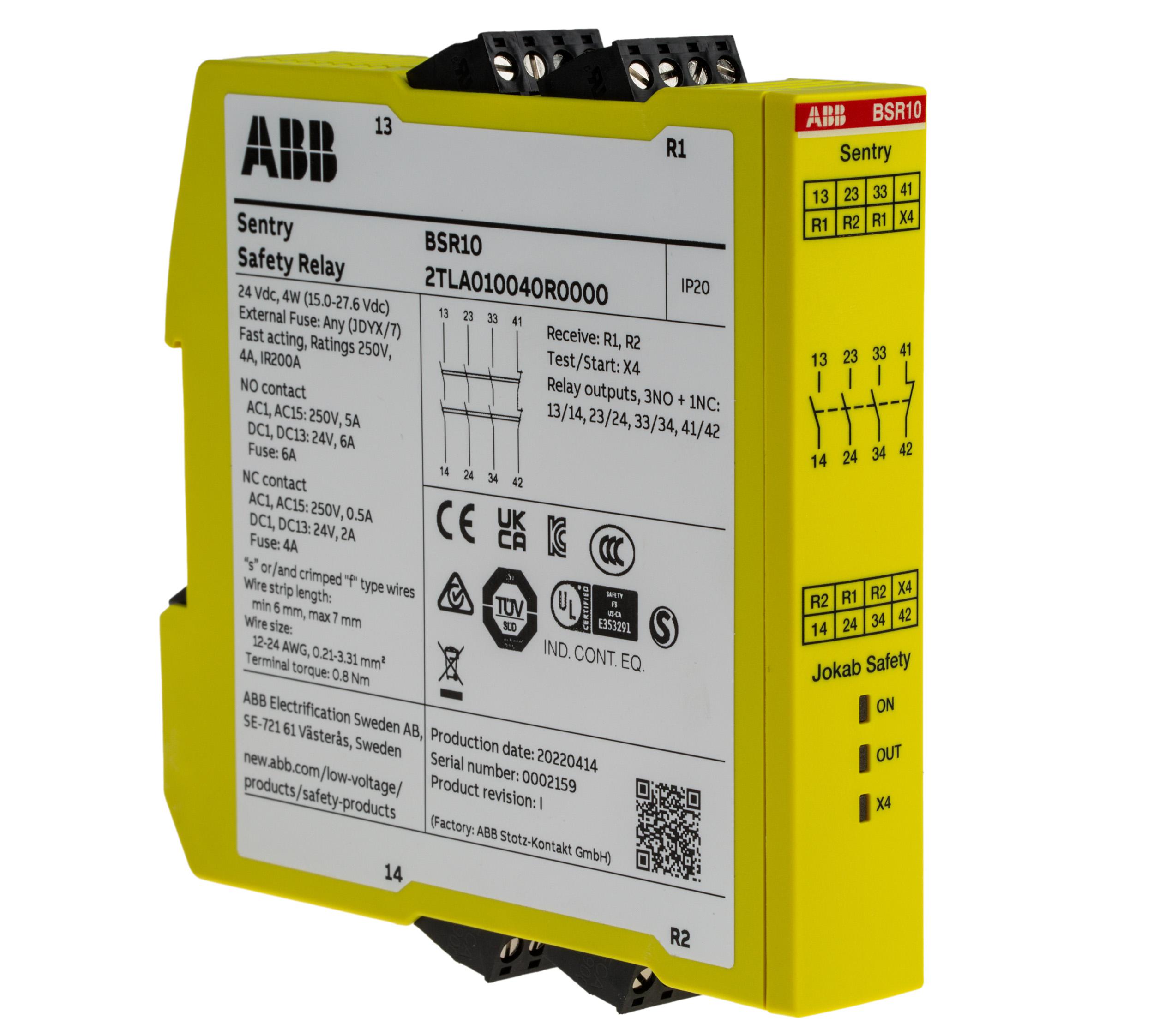 ABB Jokab Sentry BSR10 3 Auxiliary Contacts Safety Relay 24V dc, Single Channel 4 Safety Contacts