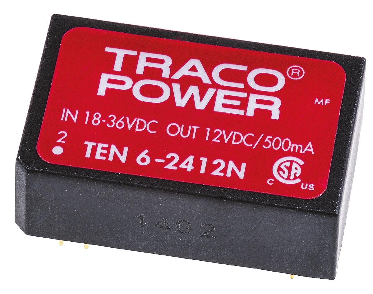 TRACOPOWER TEN 6N DC-DC Converter, 12V dc/ 500mA Output, 18 → 36 V dc Input, 6W, Through Hole, +85°C Max Temp