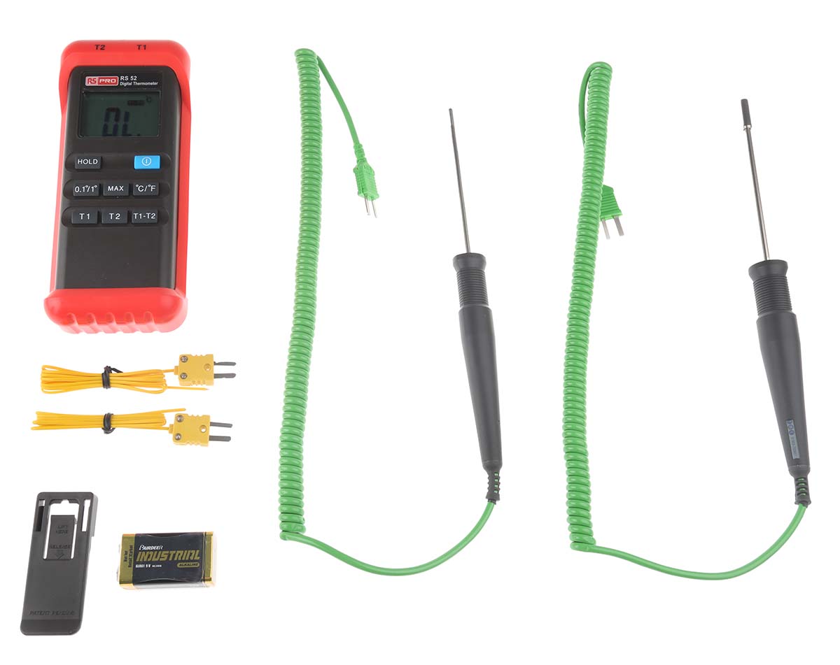 RS PRO RS52 Wired Digital Thermometer, K Probe, 2 Input(s), +1300 °C, +1999°F Max, ±0.2 Reading +1°C % Accuracy