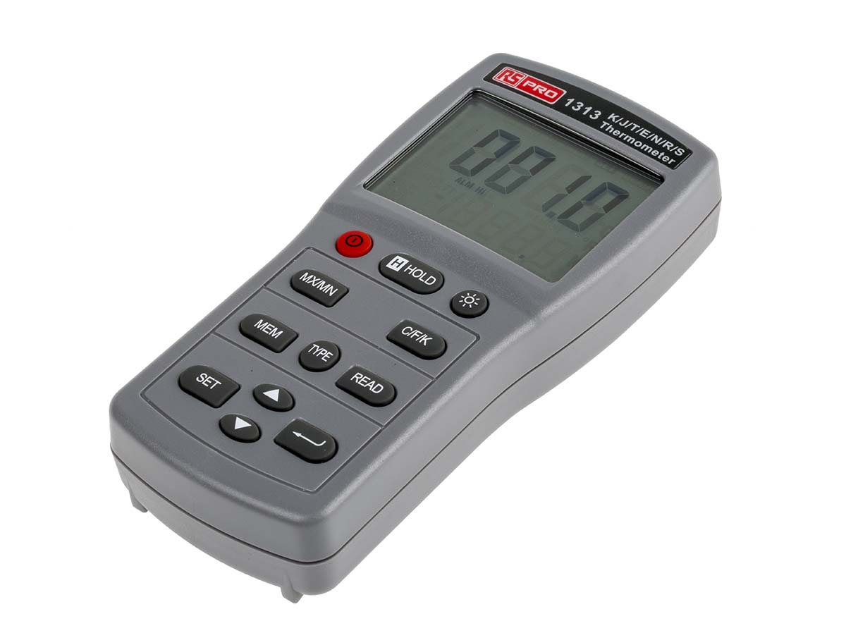 RS PRO 1313 Wired Digital Thermometer, E, J, K, N, R, S, T Probe, 1 Input(s), +1090 (J) °C, +1300 (N) °C, +1370 (K) °C,