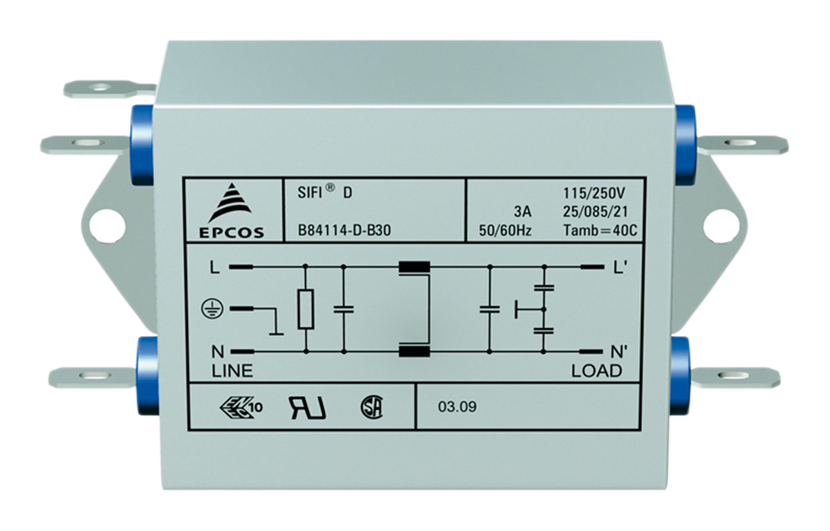 EPCOS B84114D Series 3A 250 V ac 50 → 60Hz Flange Mount RFI Filter, with Tab Terminals, Single Phase