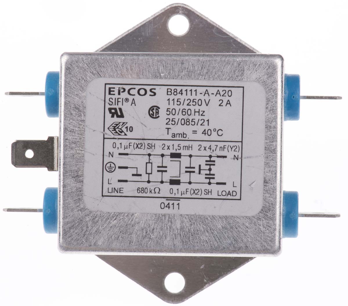 EPCOS, B84111A 2A 250 V ac/dc 60Hz, Flange Mount EMC Filter, Tab, Single Phase