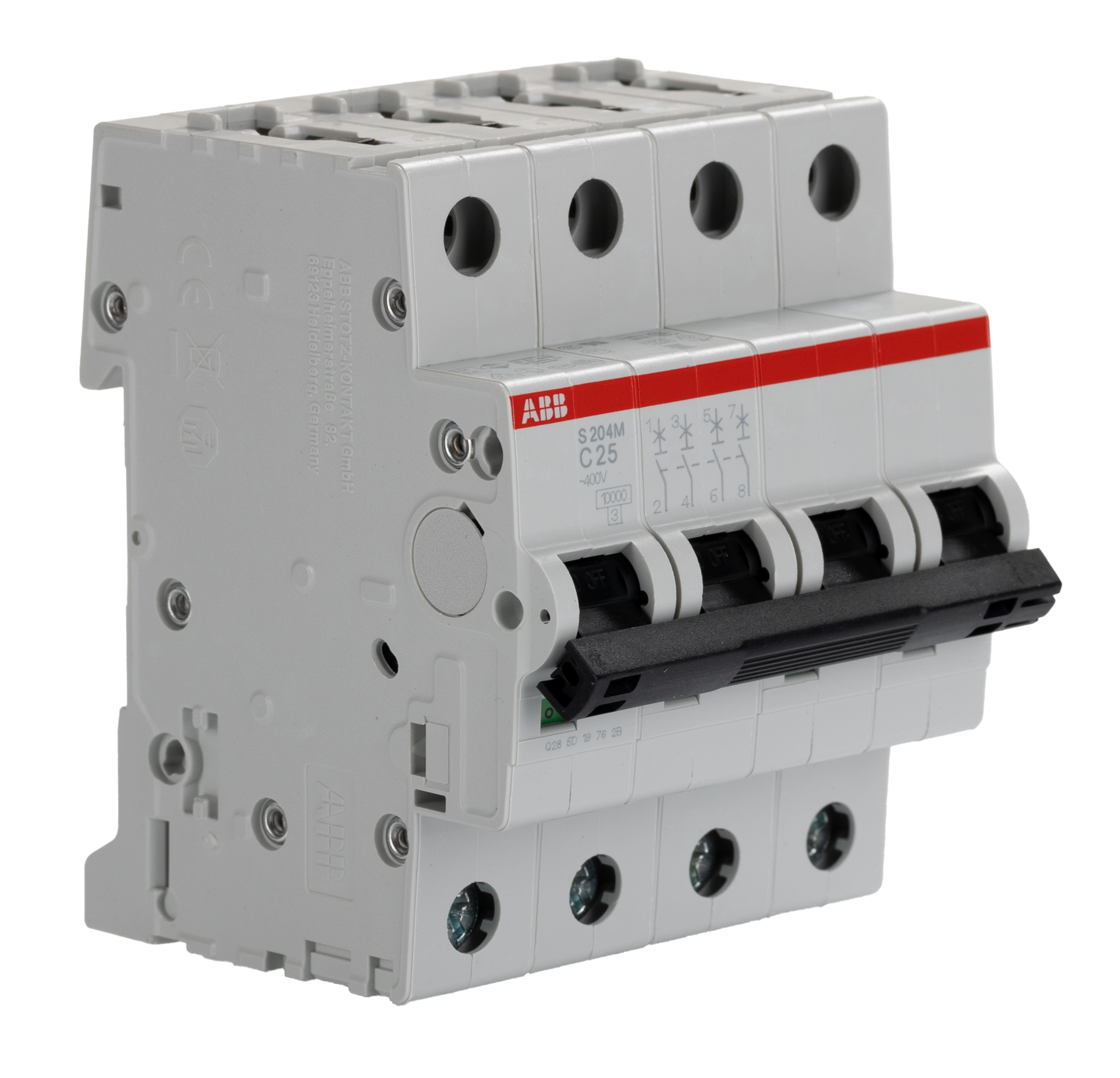 ABB System Pro M Compact S200M MCB, 4P, 25A Curve C, 125V AC, 440V DC, 25 kA Breaking Capacity